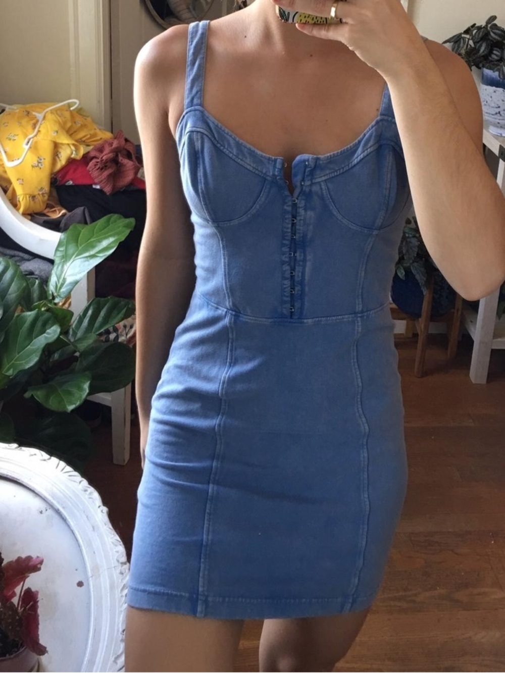 Free People Blue denim sleeveless corset bodycon mini dress size medium